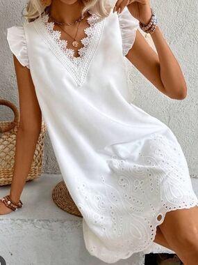 SHEIN White Lace V-Neck Eyelet Summer Dress